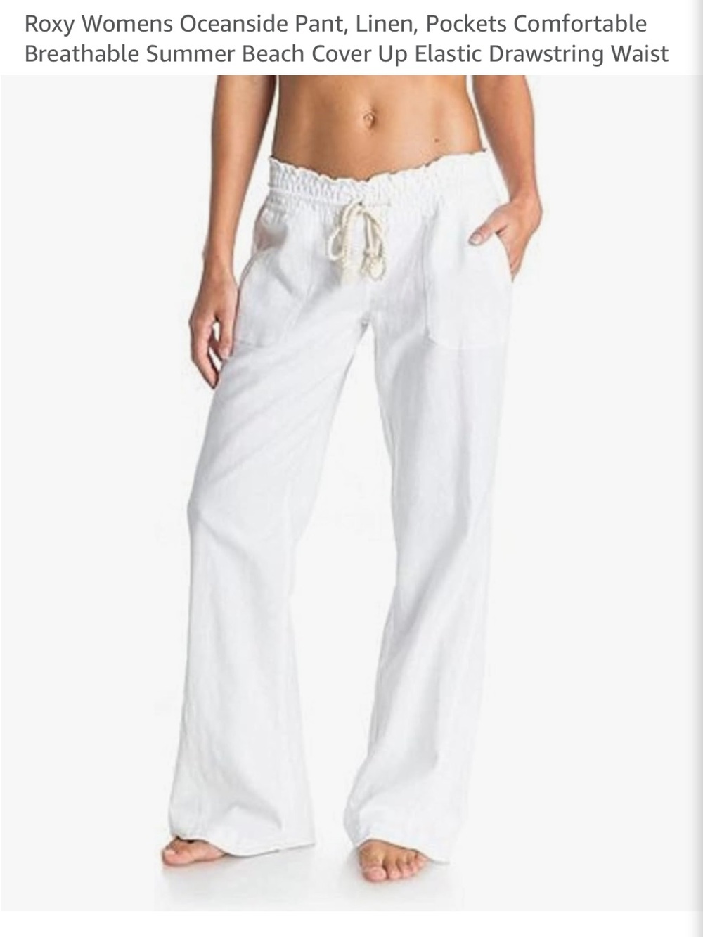 Roxy White Linen Oceanside Pant Pockets Pull-On Breathable Beach Swim Cover
